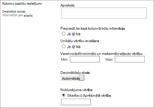 Skaitliskās kolonnas izvēles iespējas