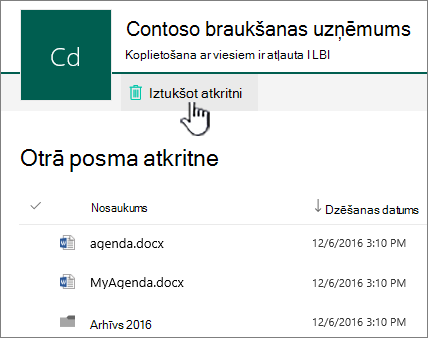 SharePoint Online 2. līmeņa atkritne ar iezīmētu pogu Iztukšot atkritni