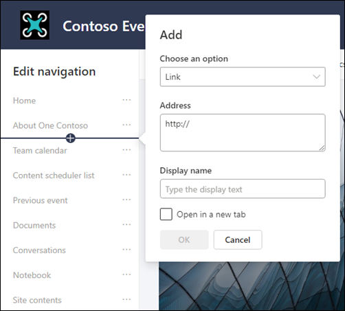 Saites pievienošana SharePoint grupas vietnes kreisajā navigācijas rūtī