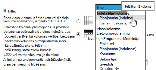 Pakalpojumā SharePoint Online izvēlieties indeksētu lauku