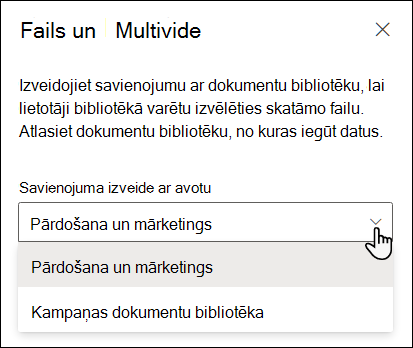 Failu skatītāja rekvizītu rūts ar nolaižamo izvēlni Izveidot savienojumu ar avotu
