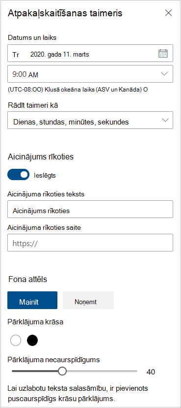 Atpakaļskaitīšanas taimera iestatījumi