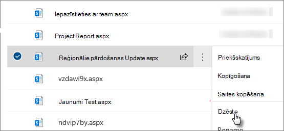 Dzēšanas komanda blakus atlasītajai lapai
