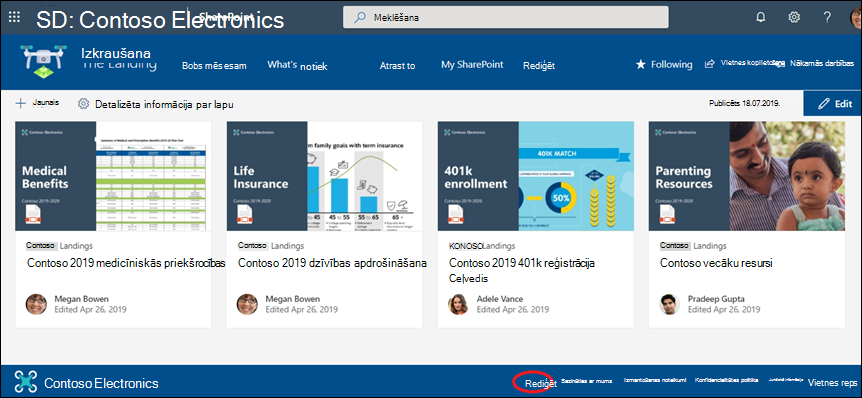 Pievienojiet vai rediģējiet saites un etiķetes SharePoint saziņas vietnes kājenē.