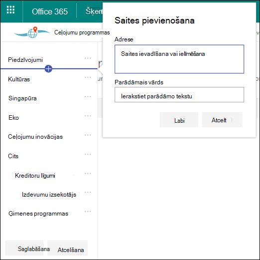 SharePoint centrmezgla navigācijas rediģēšana