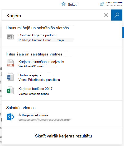 Meklēšanas rezultāti SharePoint centrmezgla vietnē