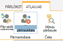 Saraksta/bibliotēkas atļauju vadīkla, kurā tiek rādīta poga Pārtraukt atļauju pārmantošanu.