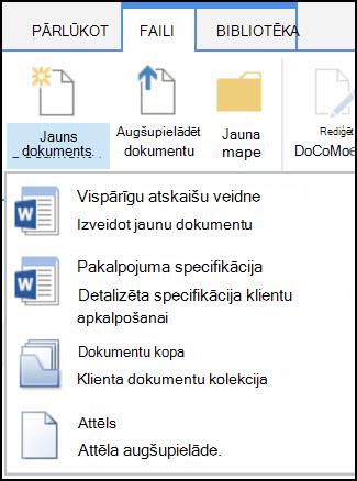 Izvēlne Jauns dokuments ar pielāgotiem satura tipiem vidē SharePoint
