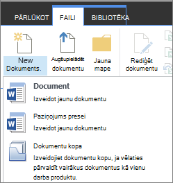 Jauna dokumenta poga ar nolaižamo izvēlni lentē
