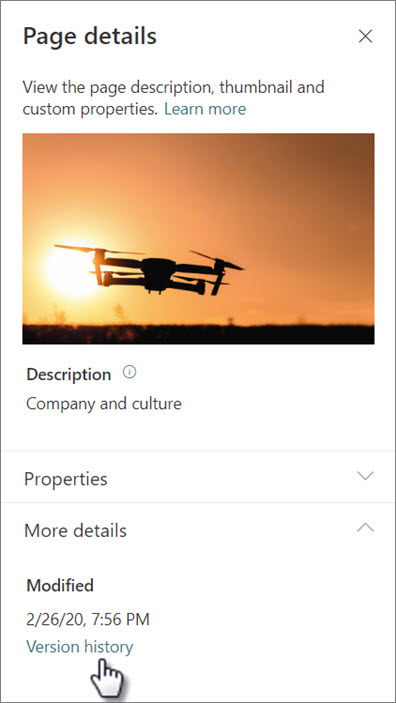 Ekrānuzņēmums ar saiti versiju vēsture lapas detalizētajā informācijā