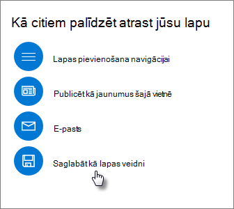 Paaugstināšanas panelis, kurā redzama opcija Saglabāt kā lapas veidni