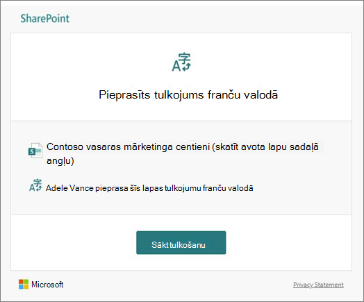 Tulkošanas pieprasījuma e-pasta ziņojums
