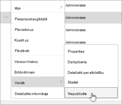 Noklikšķiniet uz Atcelt publicēšanu