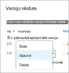 Versijas vienumu izvēlne
