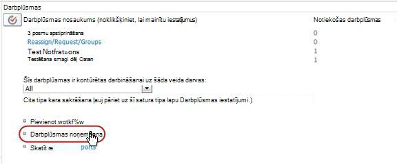 Lapa Darbplūsmas iestatījumi, kurā izcelta saite Noņemt darbplūsmu
