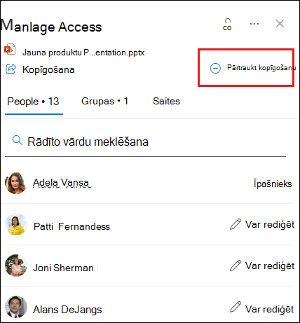 Ekrānuzņēmums ar dialoglodziņu Piekļuves pārvaldība, kurā iezīmēta opcija Pārtraukt koplietošanu.