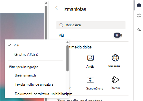Toolbox 2. līmenī pieejamo tīmekļa daļu filtrēšana
