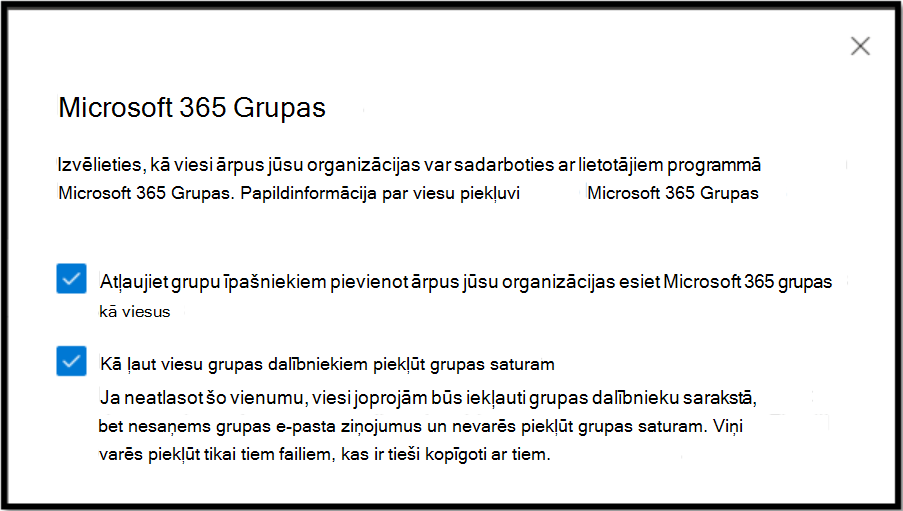 Izvēlieties, kā viesi ārpus jūsu organizācijas var sadarboties ar lietotājiem Microsoft 365 grupās