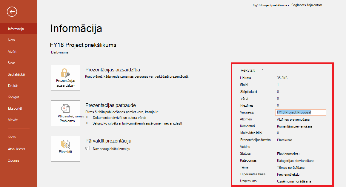 Office dokumenta rekvizīti — fails > Info Panel