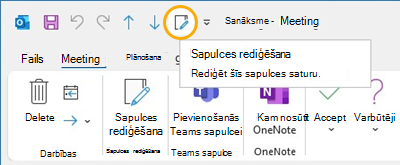 Poga Rediģēt sapulci Quick access toolbar in Outlook