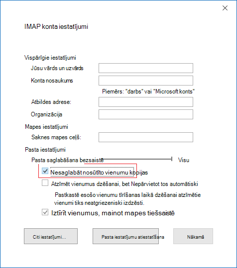 IMAP konta iestatījumi, nesaglabājiet nosūtīto vienumu kopijas