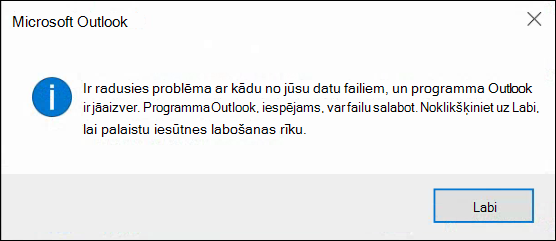 Ar vienu no jūsu datu failiem ir radusies problēma, un programma Outlook ir jāaizver.