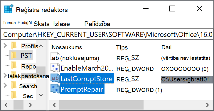Reģistra iestatījumi, lai izdzēstu LastCorruptStore PromptRepair=dword:00000001