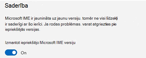 Microsoft IME saderības sadaļas ekrānuzņēmums