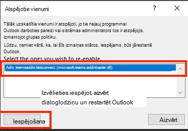 Ekrānuzņēmums ar dialoglodziņu, lai iespējotu atspējotus vienumus.