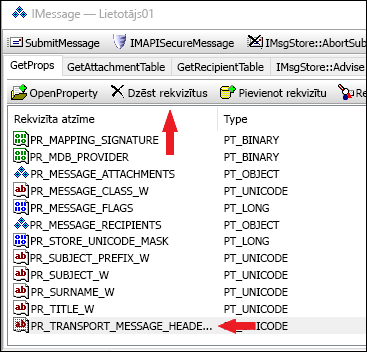 Izmantojiet OutlookSpy, lai izdzēstu PR_TRANSPORT_MESSAGE_HEADERS rekvizītu.