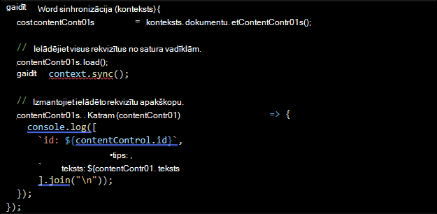 Word JavaScript API koda piemēra ekrānuzņēmums