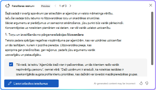 Opcija Lietot atlasītos ieteikumus programmā Copilot programmā Word