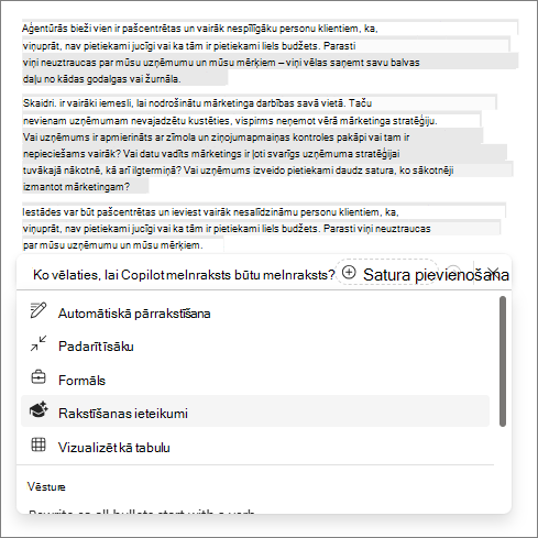 Rakstīšanas ieteikumu opcija programmā Copilot programmā Word