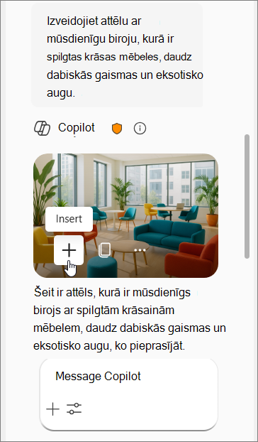 Rāda Copilot uzvedni moderna biroja attēlam ar krāsainām mēbelēm, dabisku apgaismojumu un eksotiskiem augiem, kam seko četri attēli.