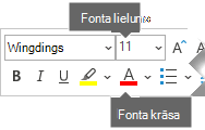 Peldošajā formatēšanas rīkjoslā ir fonta lieluma un fonta krāsas opcijas.