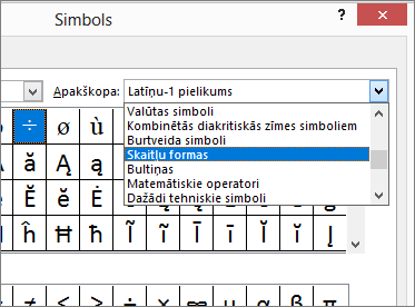 Dialoglodziņā Apakškopa atlasiet Skaitļu formas, lai rādītu daļskaitļus un citus matemātiskos simbolus
