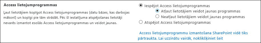 Ekrānuzņēmums, kurā attēloti Access programmas iestatījumi SharePoint administrēšanas centra lapā