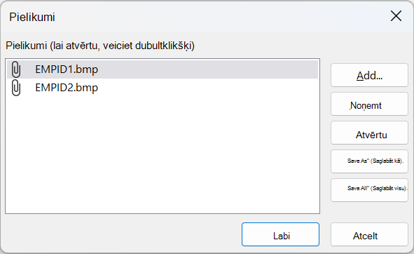 Pielikumi dialoglodziņš programmā Access, kurā redzami divi BMP faili.