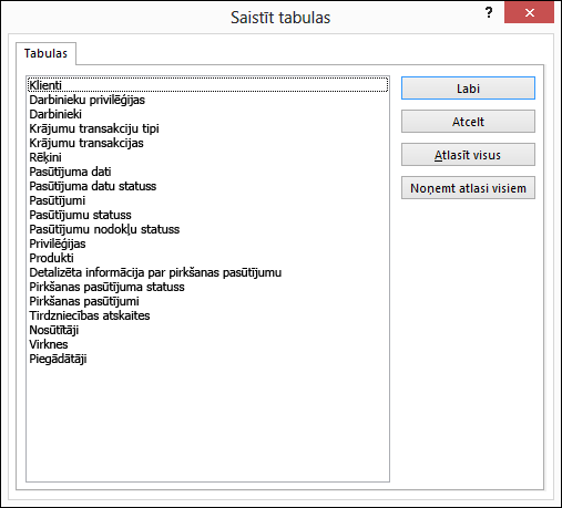 Saistāmās tabulas atlasīšana dialoglodziņā Saistīt tabulas