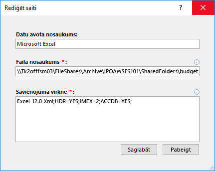 Excel datu avota saites rediģēšanas dialoglodziņš