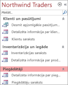 Northwind Traders pielāgota navigācija