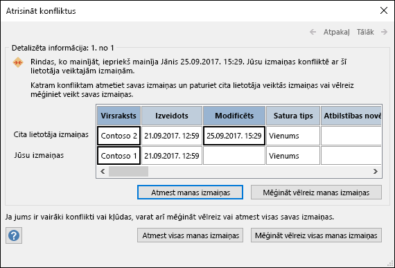 Izmantojiet dialoglodziņā Konfliktu atrisināšana pieejamās opcijas, lai atrisinātu datu konfliktus.