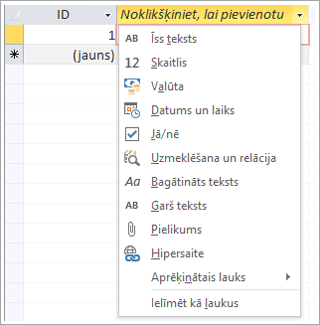 Noklikšķiniet, lai pievienotu datu tipu nolaižamā saraksta Noklikšķiniet, lai pievienotu ekrāna fragmentu