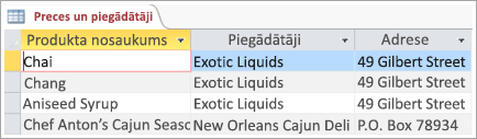 Produktu un piegādātāju datu ekrāna fragments