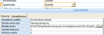 Ekrānuzņēmums, kurā redzama tabulas vai vaicājuma izmantošana kā uzmeklēšanas lauka datu avots.