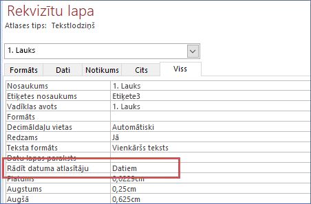 Datuma atlasītāja rekvizīta rādīšana formas rekvizītu lapā
