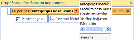 Lauku saraksts rūtī Grupēšana, kārtošana un kopsumma