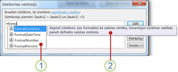 IntelliSense nolaižamais saraksts un ātrais padoms.