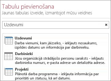 Tabulu veidņu meklēšanas lodziņš Access sākuma ekrānā.