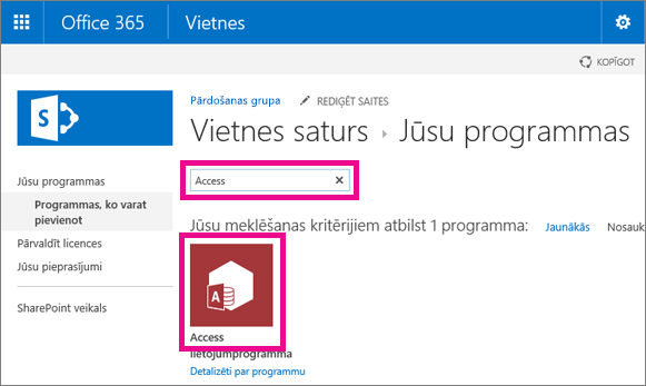 Searching for an Access app from the Add an app page in SharePoint